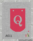 A taped needlepoint canvas with the design: Banner 13 mesh count Curved Q White on Red.