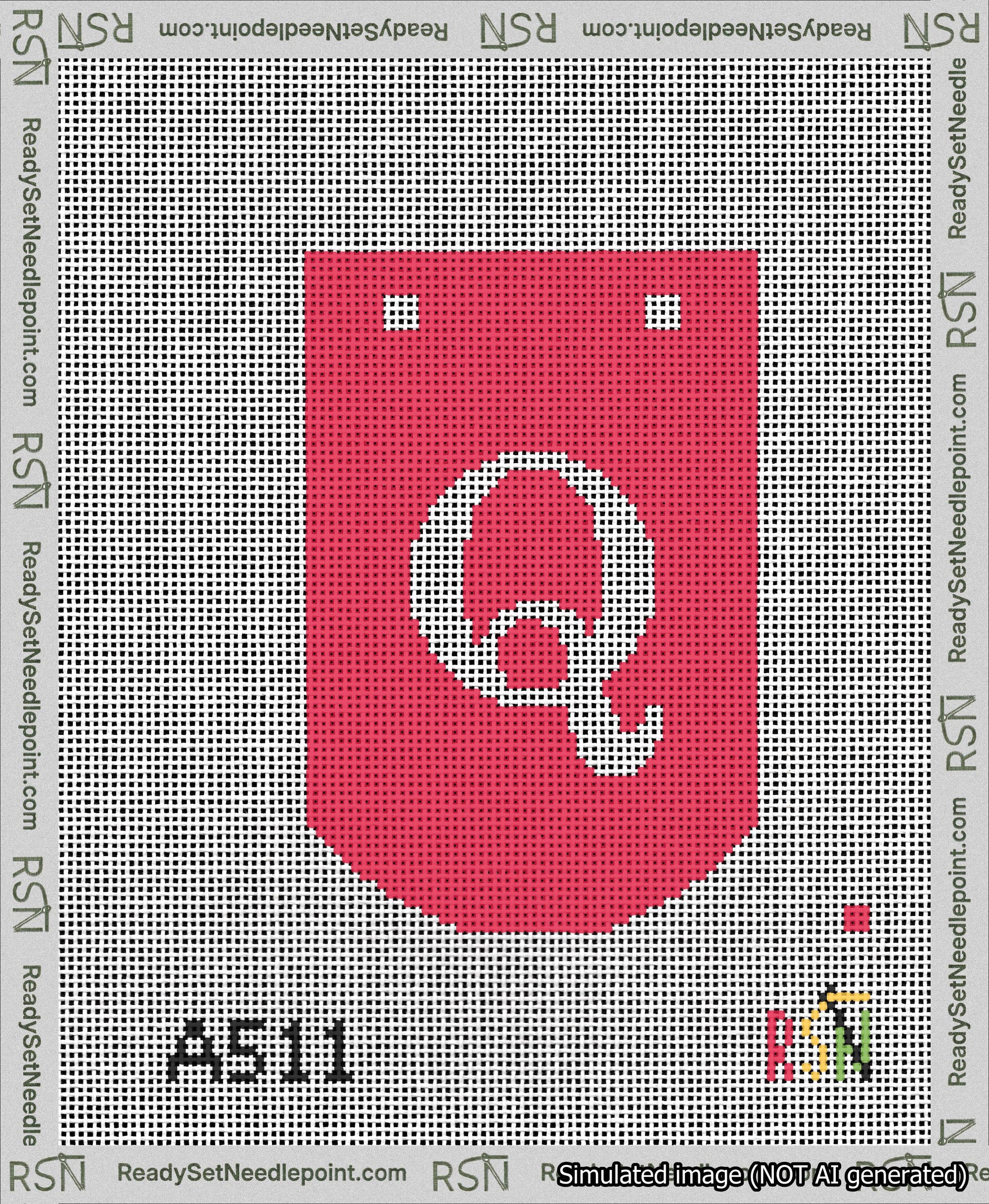 A taped needlepoint canvas with the design: Banner 13 mesh count Curved Q White on Red.