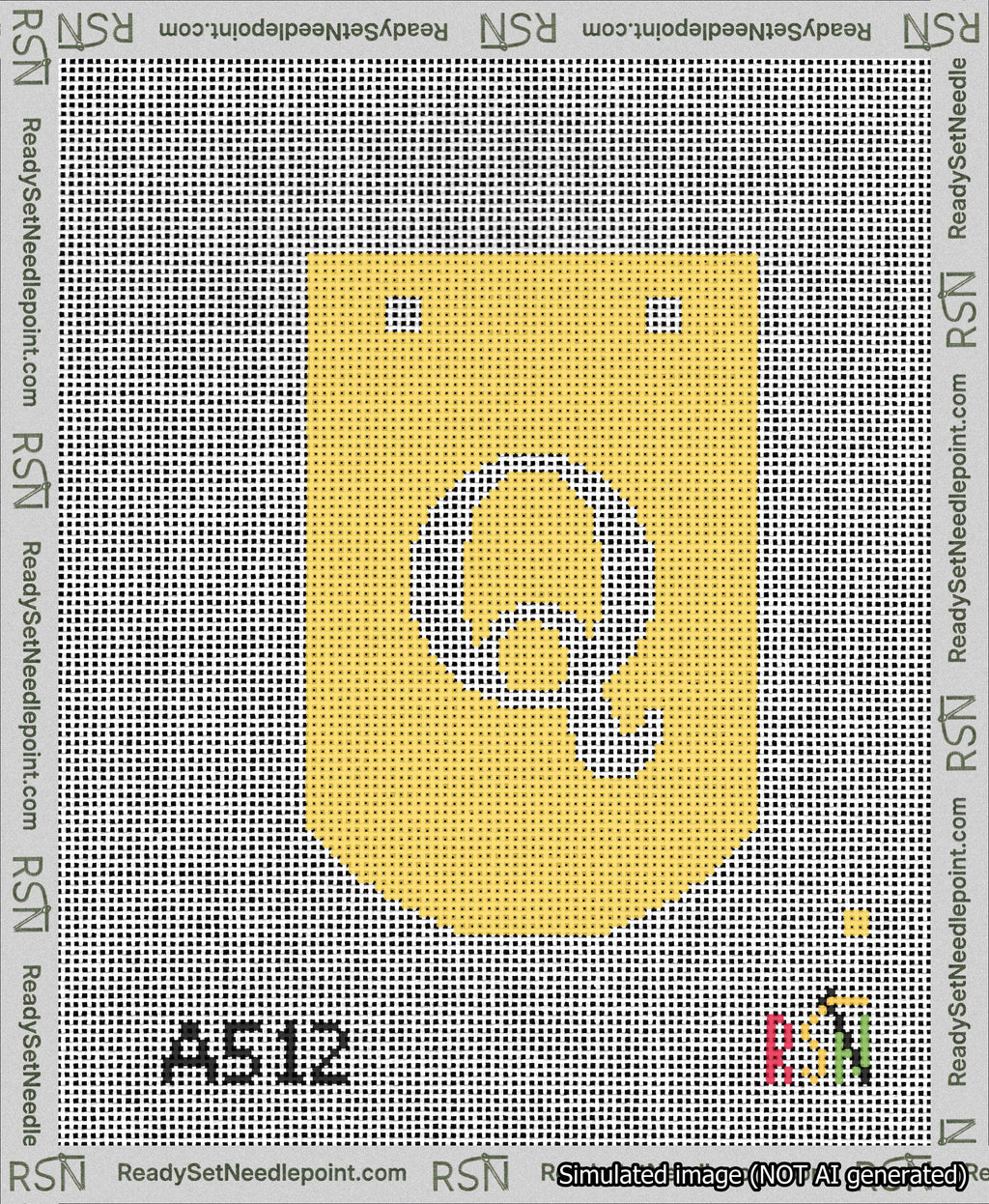 A taped needlepoint canvas with the design: Banner 13 mesh count Curved Q White on Yellow.