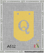 A taped needlepoint canvas with the design: Banner 13 mesh count Curved Q White on Yellow.