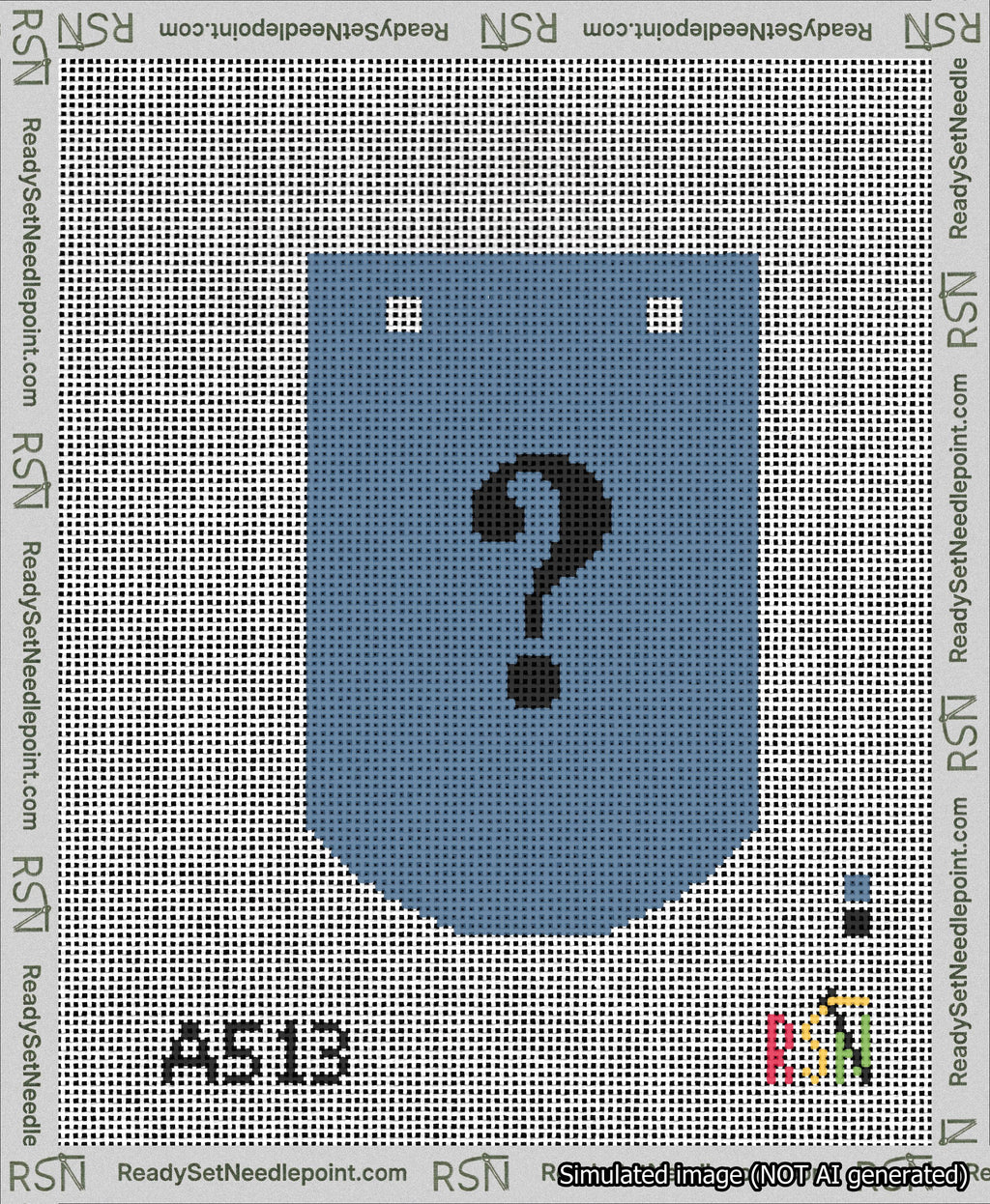 A taped needlepoint canvas with the design: Banner 13 mesh count Curved Question Black on Blue.