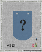 A taped needlepoint canvas with the design: Banner 13 mesh count Curved Question Black on Blue.