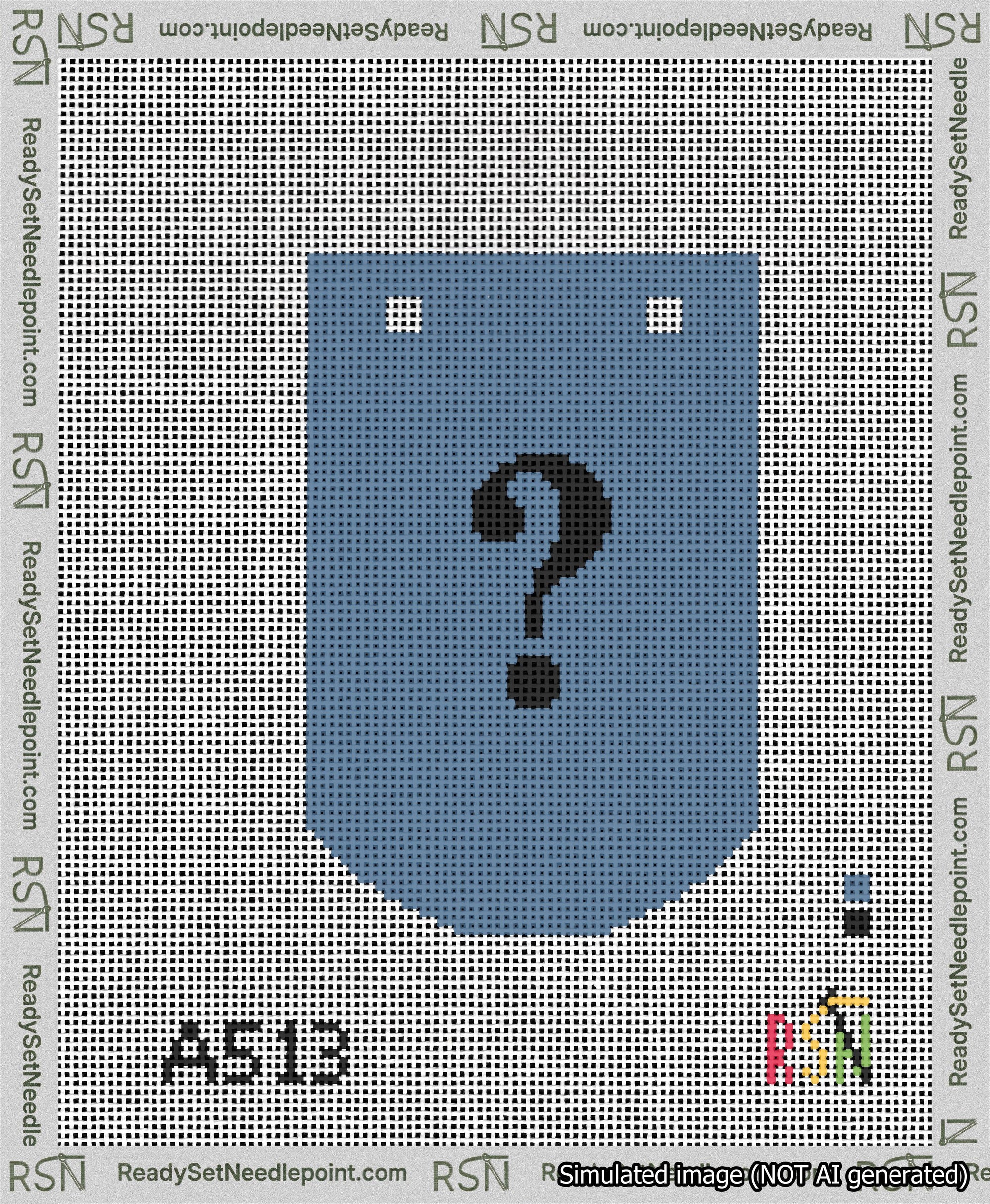 A taped needlepoint canvas with the design: Banner 13 mesh count Curved Question Black on Blue.