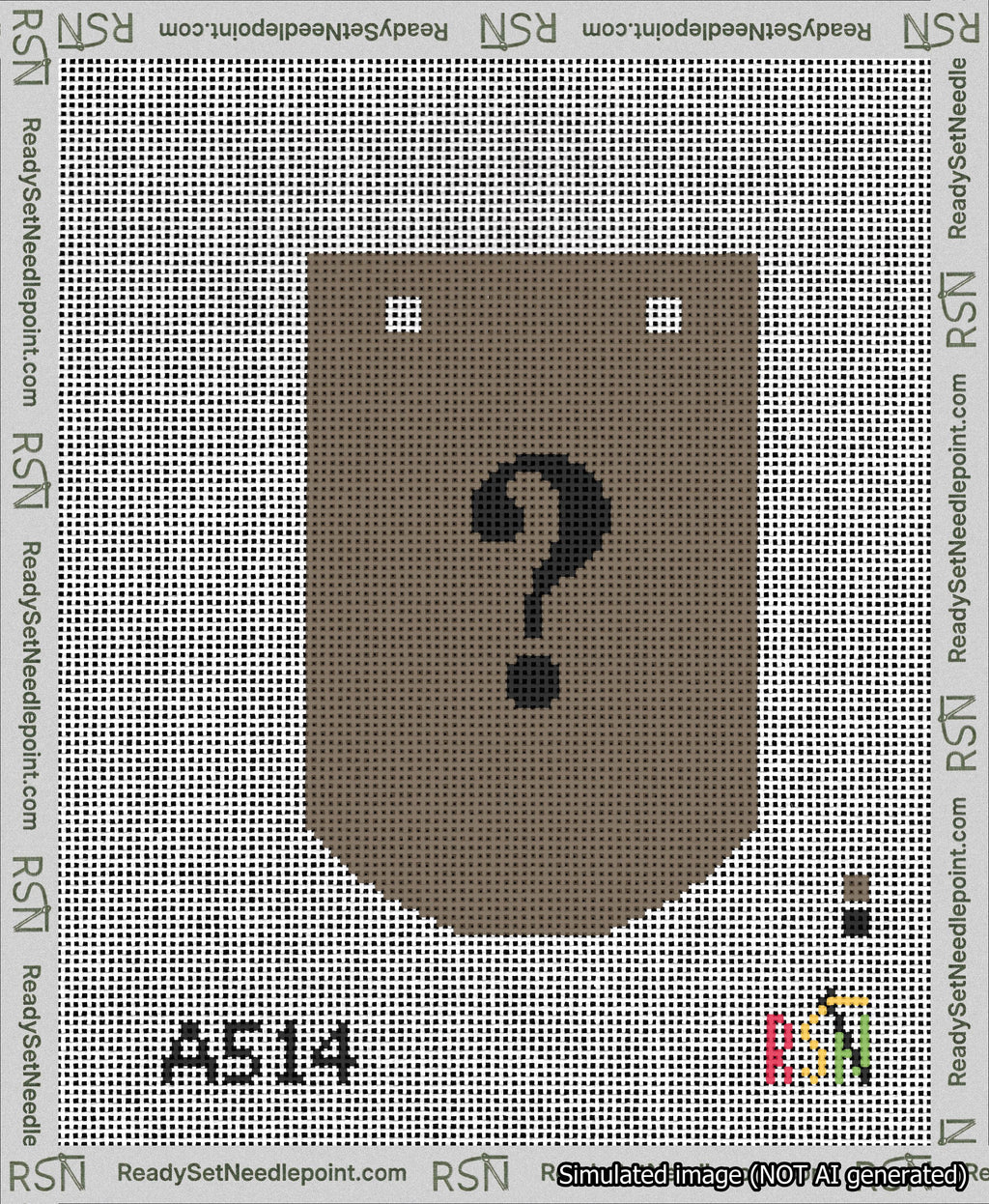 A taped needlepoint canvas with the design: Banner 13 mesh count Curved Question Black on Brown.