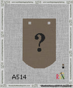A taped needlepoint canvas with the design: Banner 13 mesh count Curved Question Black on Brown.