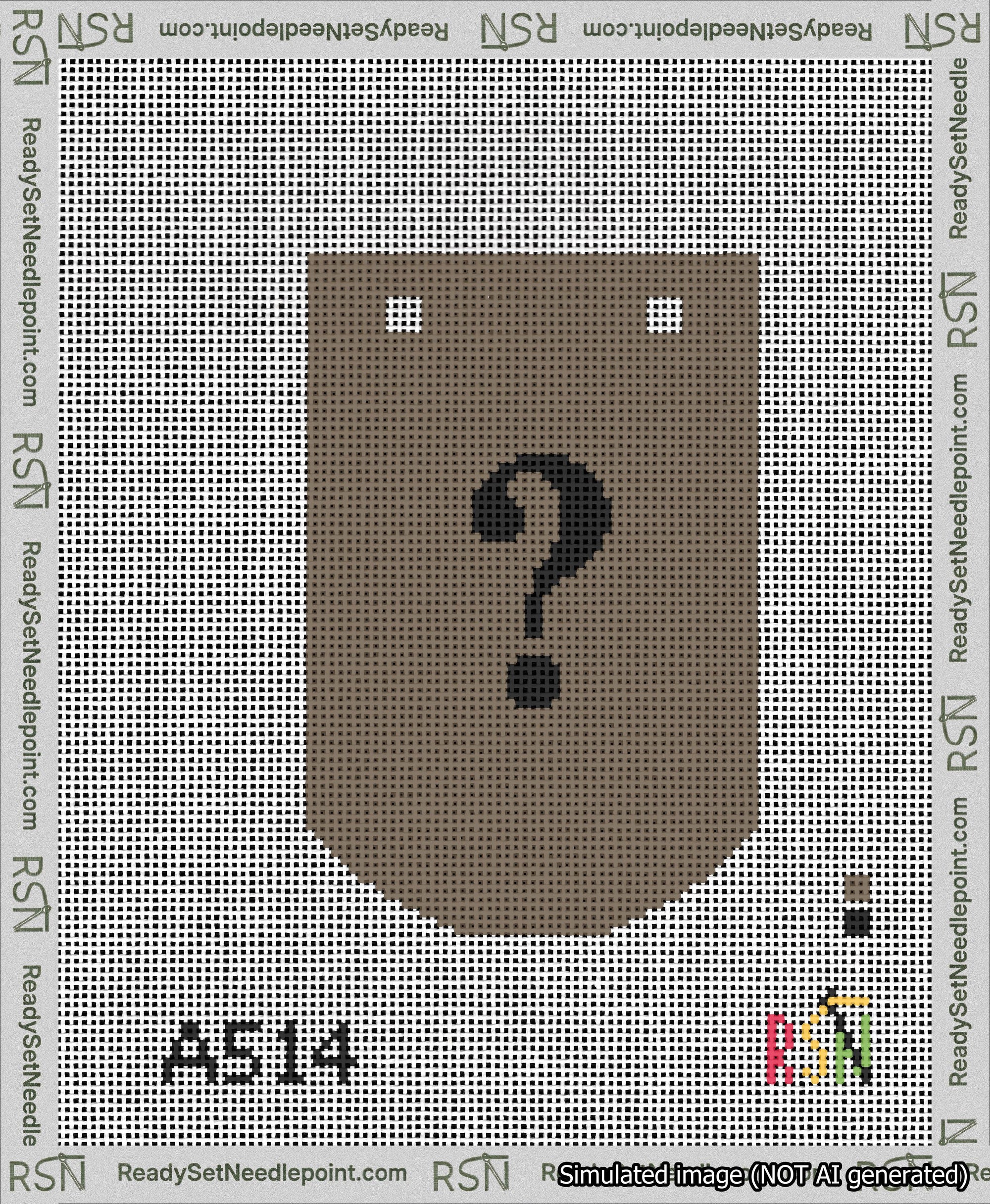 A taped needlepoint canvas with the design: Banner 13 mesh count Curved Question Black on Brown.