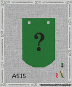A taped needlepoint canvas with the design: Banner 13 mesh count Curved Question Black on Green.
