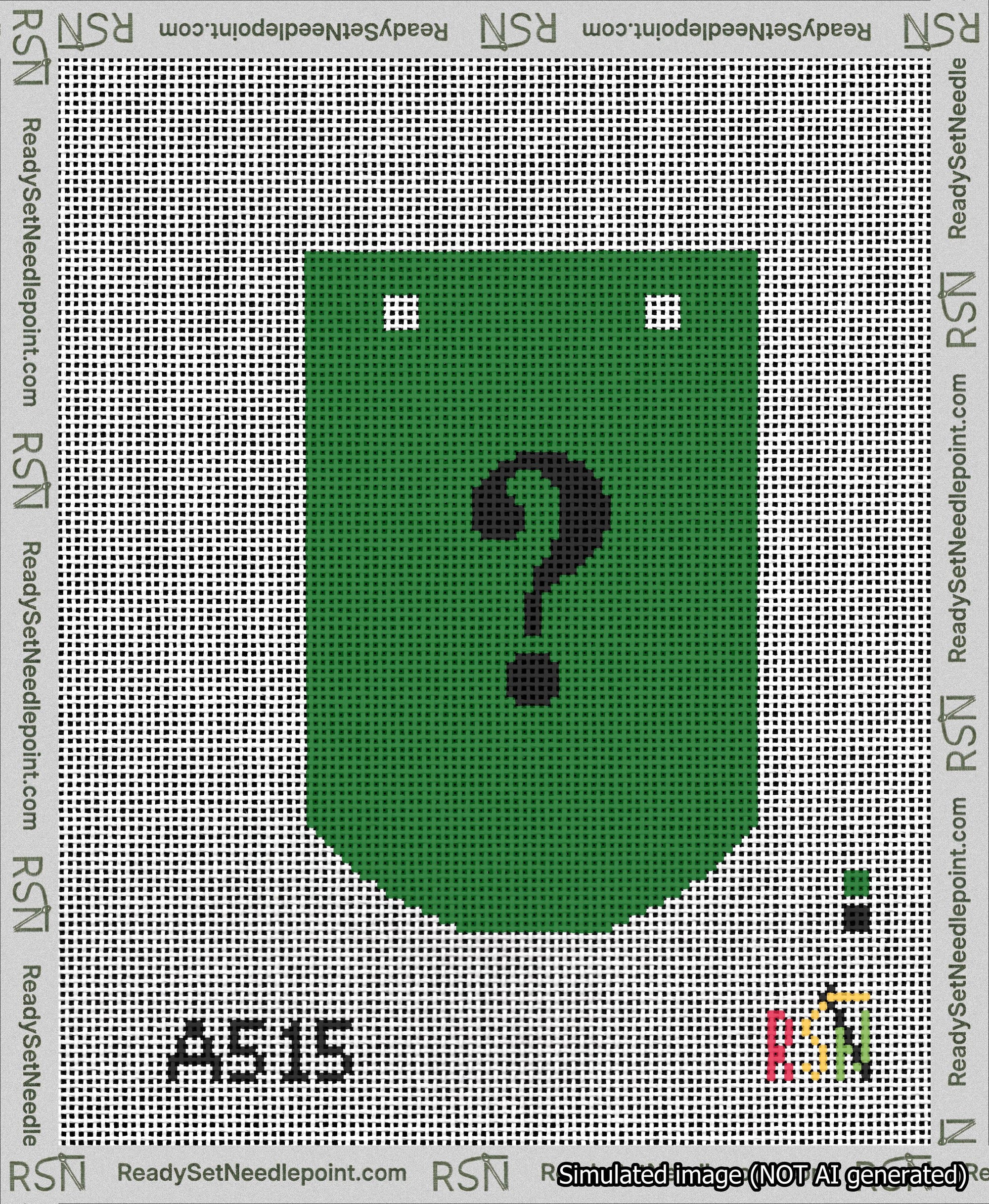 A taped needlepoint canvas with the design: Banner 13 mesh count Curved Question Black on Green.