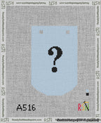A taped needlepoint canvas with the design: Banner 13 mesh count Curved Question Black on Light Blue.