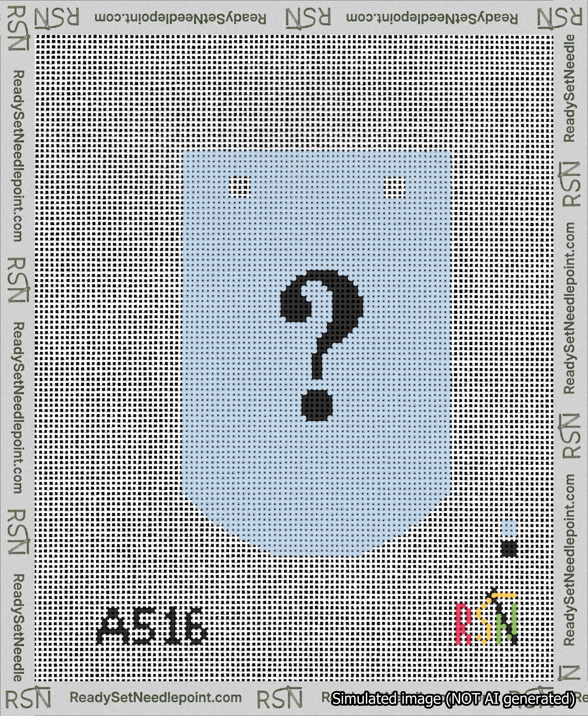 A taped needlepoint canvas with the design: Banner 13 mesh count Curved Question Black on Light Blue.