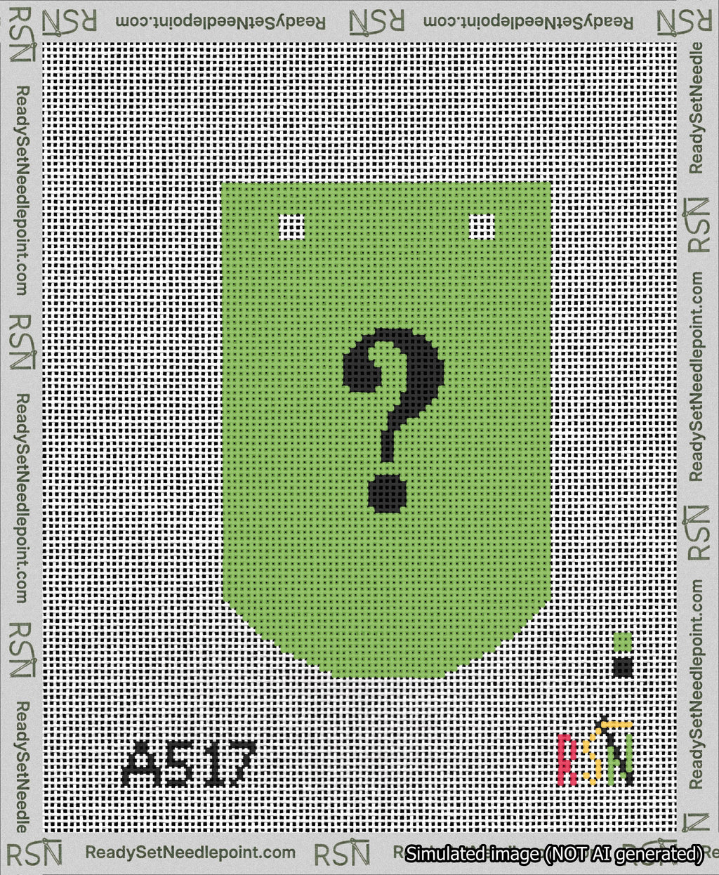 A taped needlepoint canvas with the design: Banner 13 mesh count Curved Question Black on Light Green.