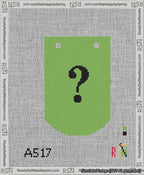 A taped needlepoint canvas with the design: Banner 13 mesh count Curved Question Black on Light Green.