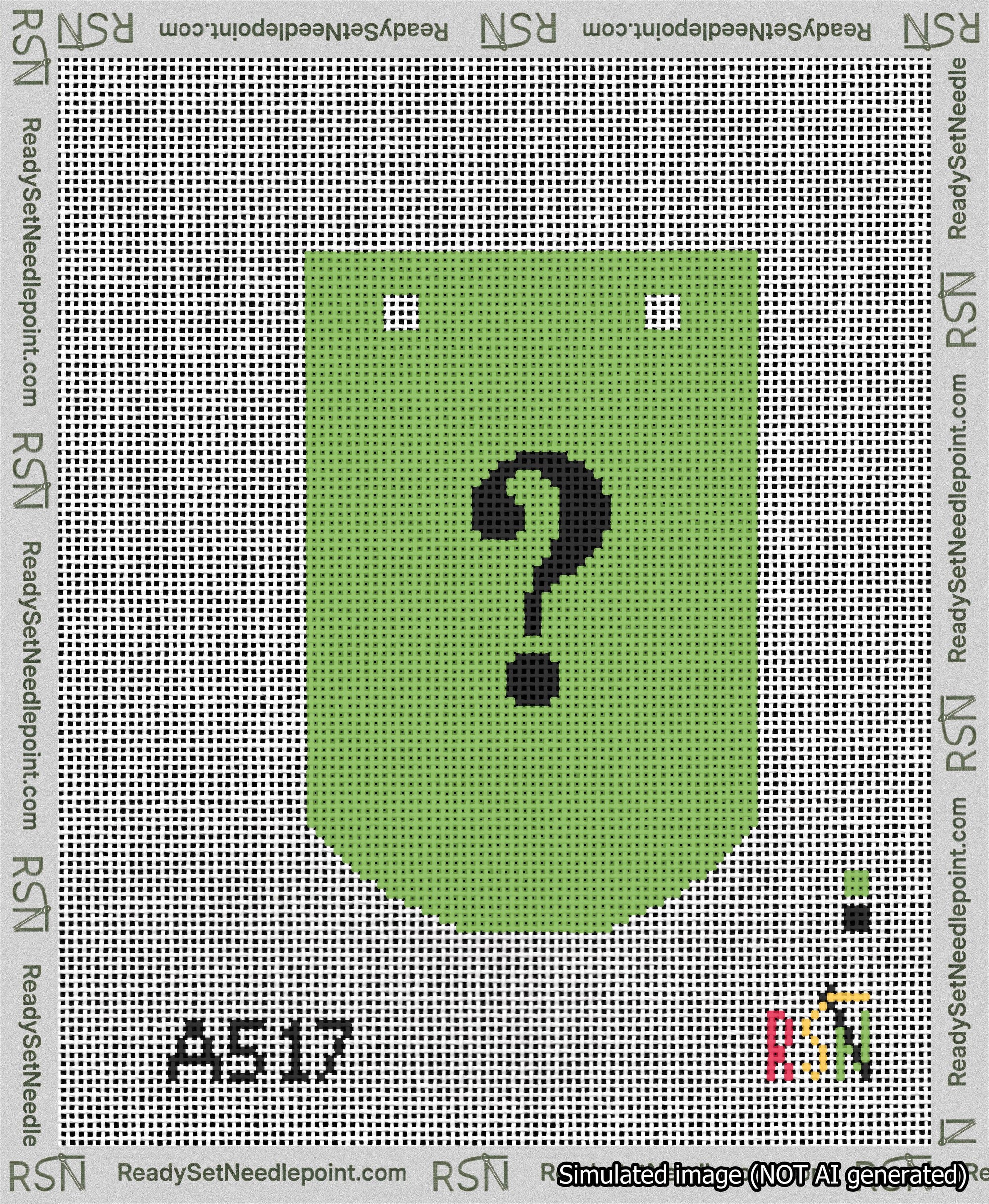 A taped needlepoint canvas with the design: Banner 13 mesh count Curved Question Black on Light Green.