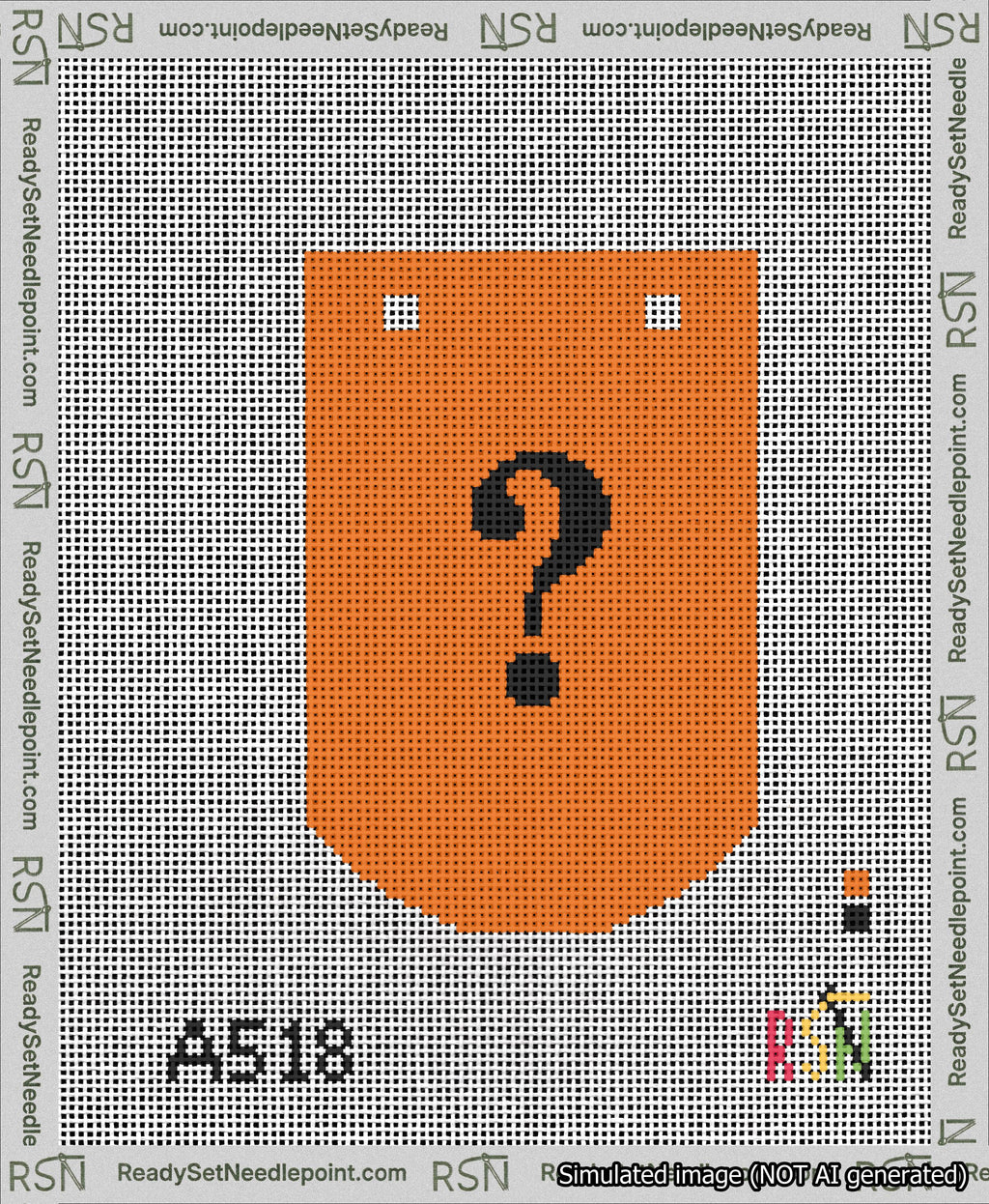 A taped needlepoint canvas with the design: Banner 13 mesh count Curved Question Black on Orange.