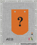 A taped needlepoint canvas with the design: Banner 13 mesh count Curved Question Black on Orange.