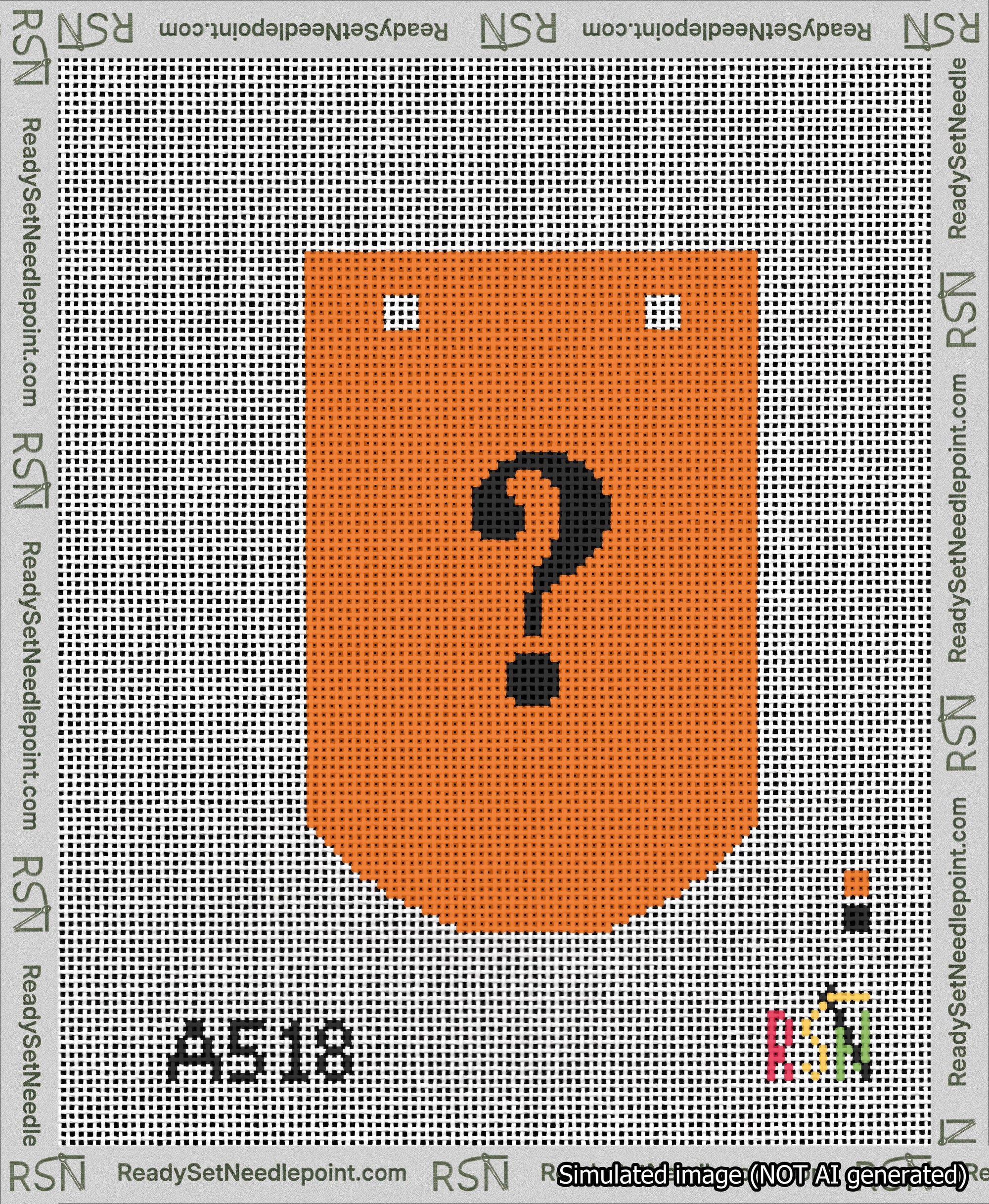 A taped needlepoint canvas with the design: Banner 13 mesh count Curved Question Black on Orange.