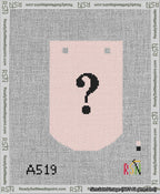 A taped needlepoint canvas with the design: Banner 13 mesh count Curved Question Black on Pink.