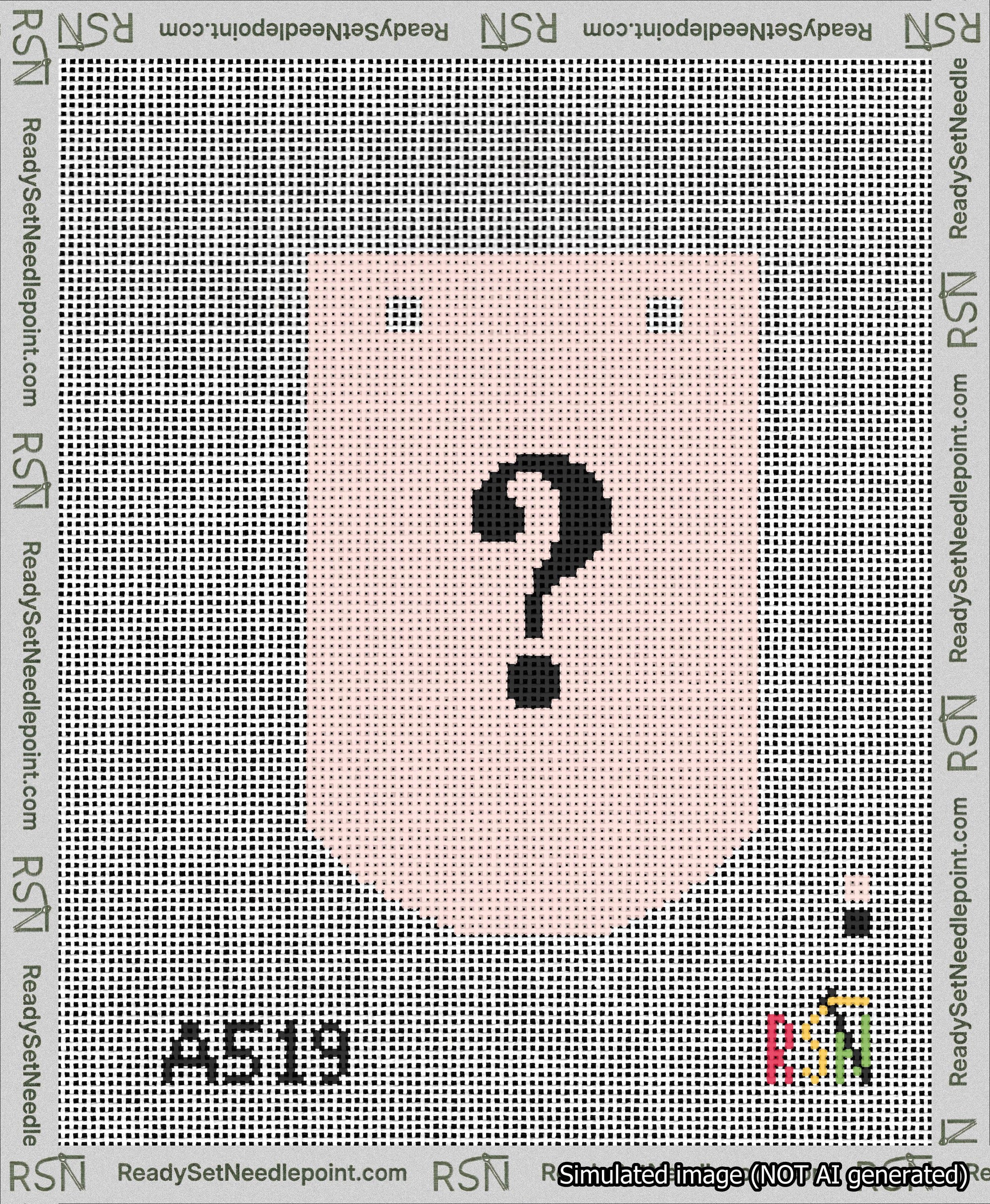 A taped needlepoint canvas with the design: Banner 13 mesh count Curved Question Black on Pink.