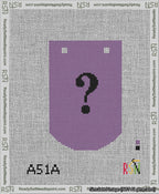 A taped needlepoint canvas with the design: Banner 13 mesh count Curved Question Black on Purple.