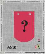 A taped needlepoint canvas with the design: Banner 13 mesh count Curved Question Black on Red.