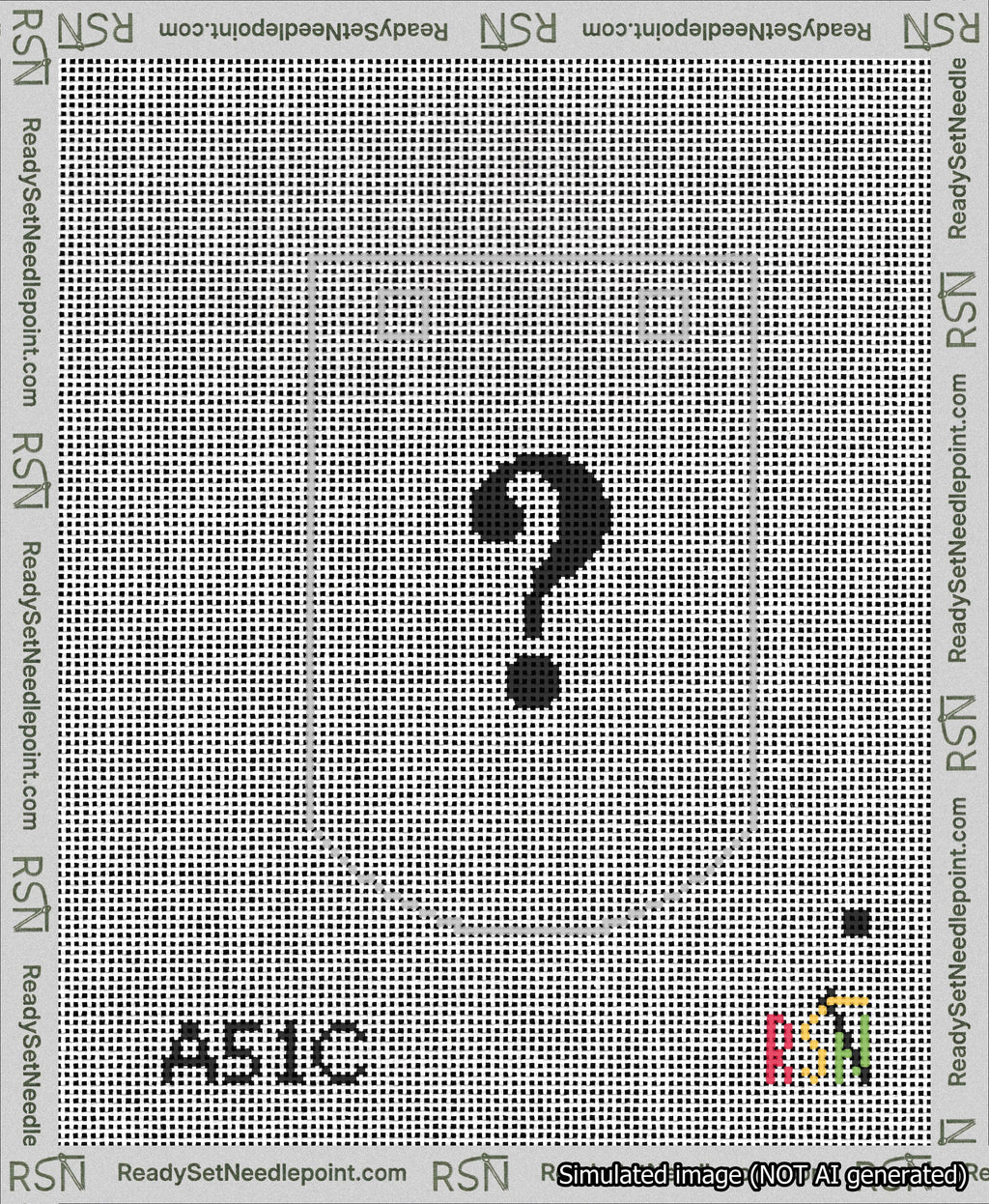 A taped needlepoint canvas with the design: Banner 13 mesh count Curved Question Black on White.