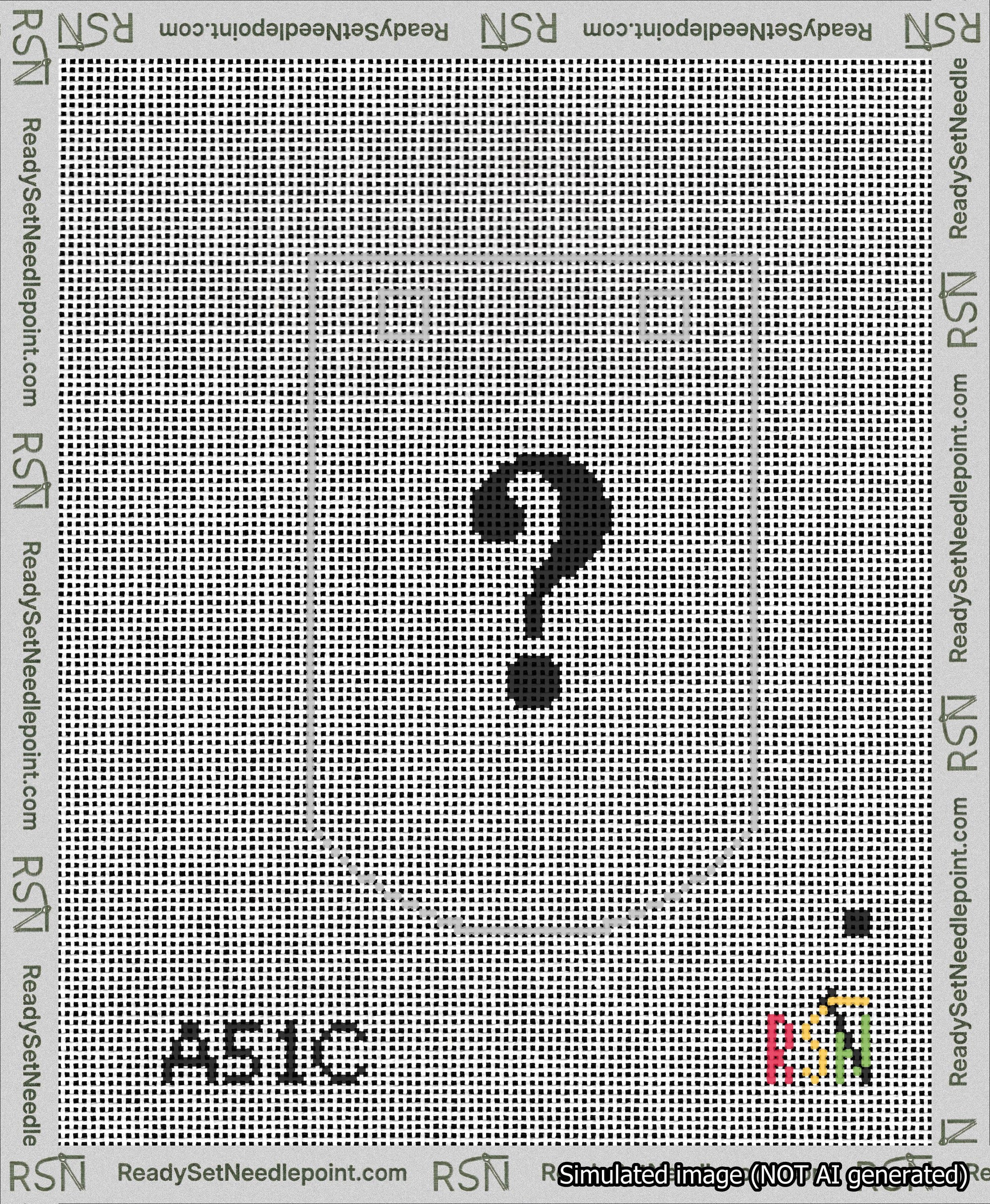 A taped needlepoint canvas with the design: Banner 13 mesh count Curved Question Black on White.