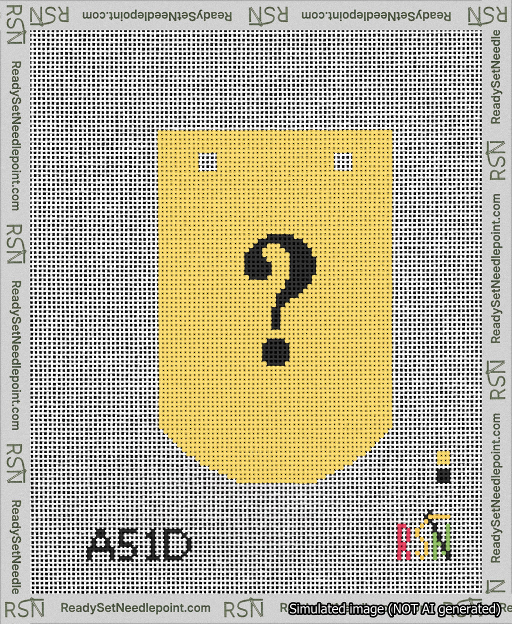 A taped needlepoint canvas with the design: Banner 13 mesh count Curved Question Black on Yellow.