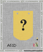 A taped needlepoint canvas with the design: Banner 13 mesh count Curved Question Black on Yellow.