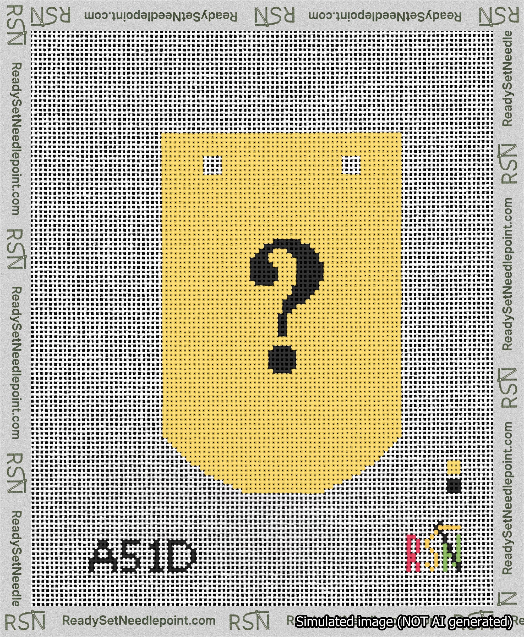 A taped needlepoint canvas with the design: Banner 13 mesh count Curved Question Black on Yellow.