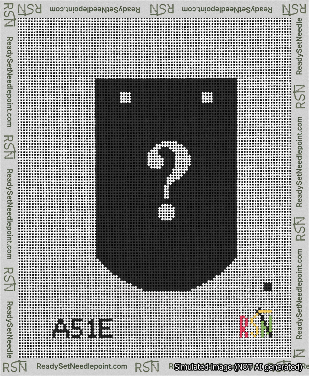 A taped needlepoint canvas with the design: Banner 13 mesh count Curved Question White on Black.