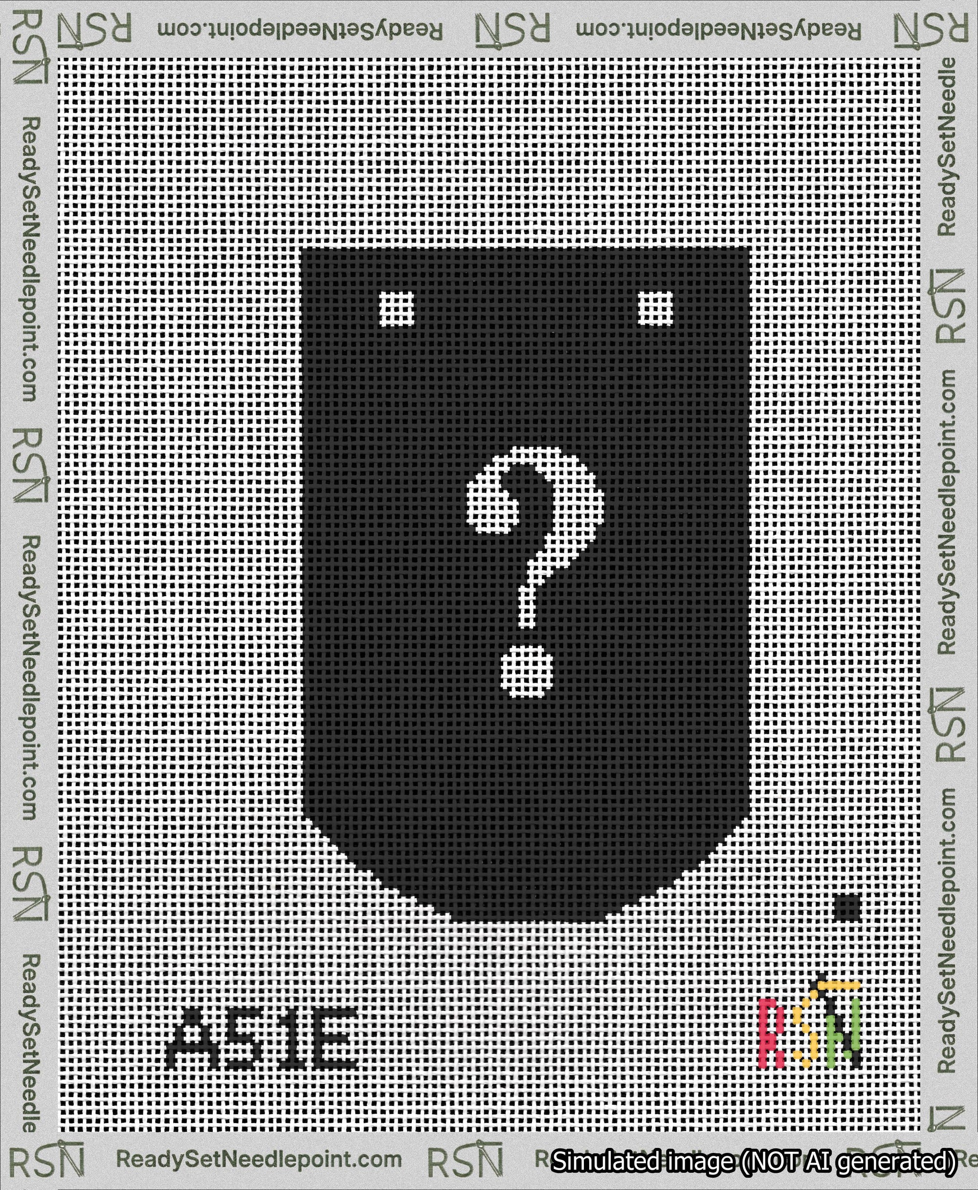 A taped needlepoint canvas with the design: Banner 13 mesh count Curved Question White on Black.