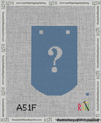A taped needlepoint canvas with the design: Banner 13 mesh count Curved Question White on Blue.
