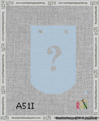 A taped needlepoint canvas with the design: Banner 13 mesh count Curved Question White on Light Blue.