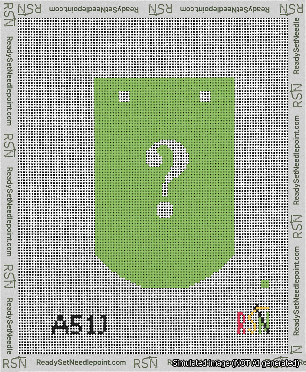 A taped needlepoint canvas with the design: Banner 13 mesh count Curved Question White on Light Green.