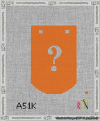 A taped needlepoint canvas with the design: Banner 13 mesh count Curved Question White on Orange.