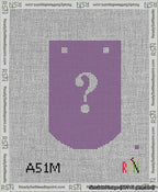 A taped needlepoint canvas with the design: Banner 13 mesh count Curved Question White on Purple.