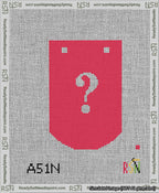A taped needlepoint canvas with the design: Banner 13 mesh count Curved Question White on Red.