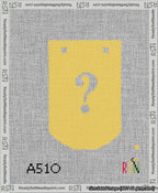 A taped needlepoint canvas with the design: Banner 13 mesh count Curved Question White on Yellow.