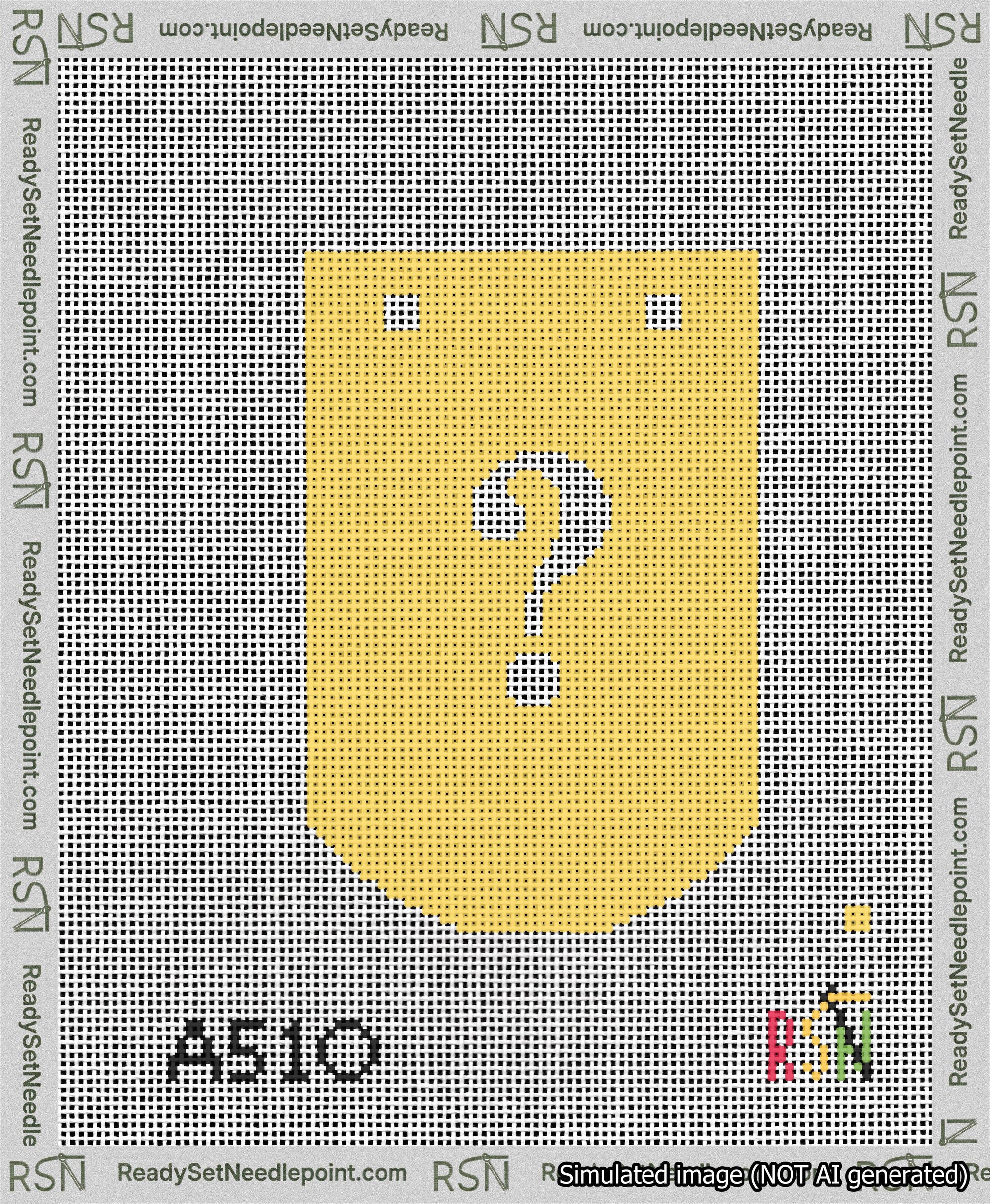 A taped needlepoint canvas with the design: Banner 13 mesh count Curved Question White on Yellow.