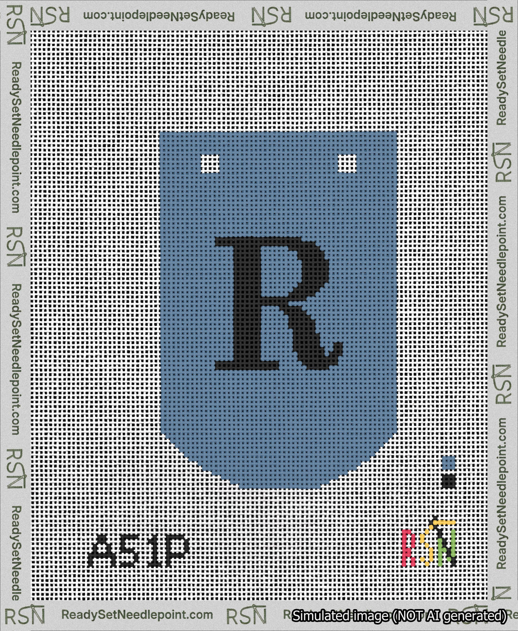 A taped needlepoint canvas with the design: Banner 13 mesh count Curved R Black on Blue.