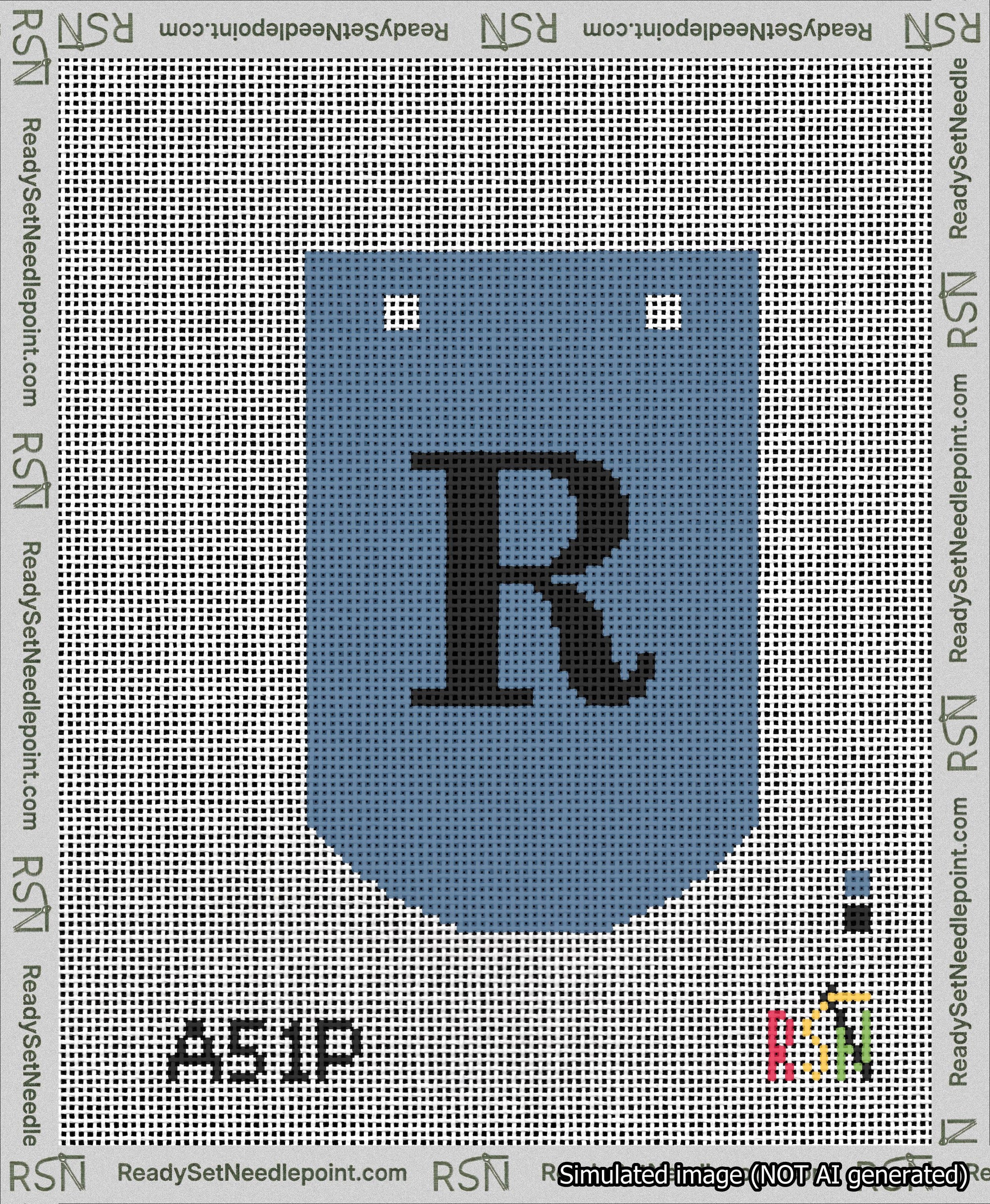 A taped needlepoint canvas with the design: Banner 13 mesh count Curved R Black on Blue.