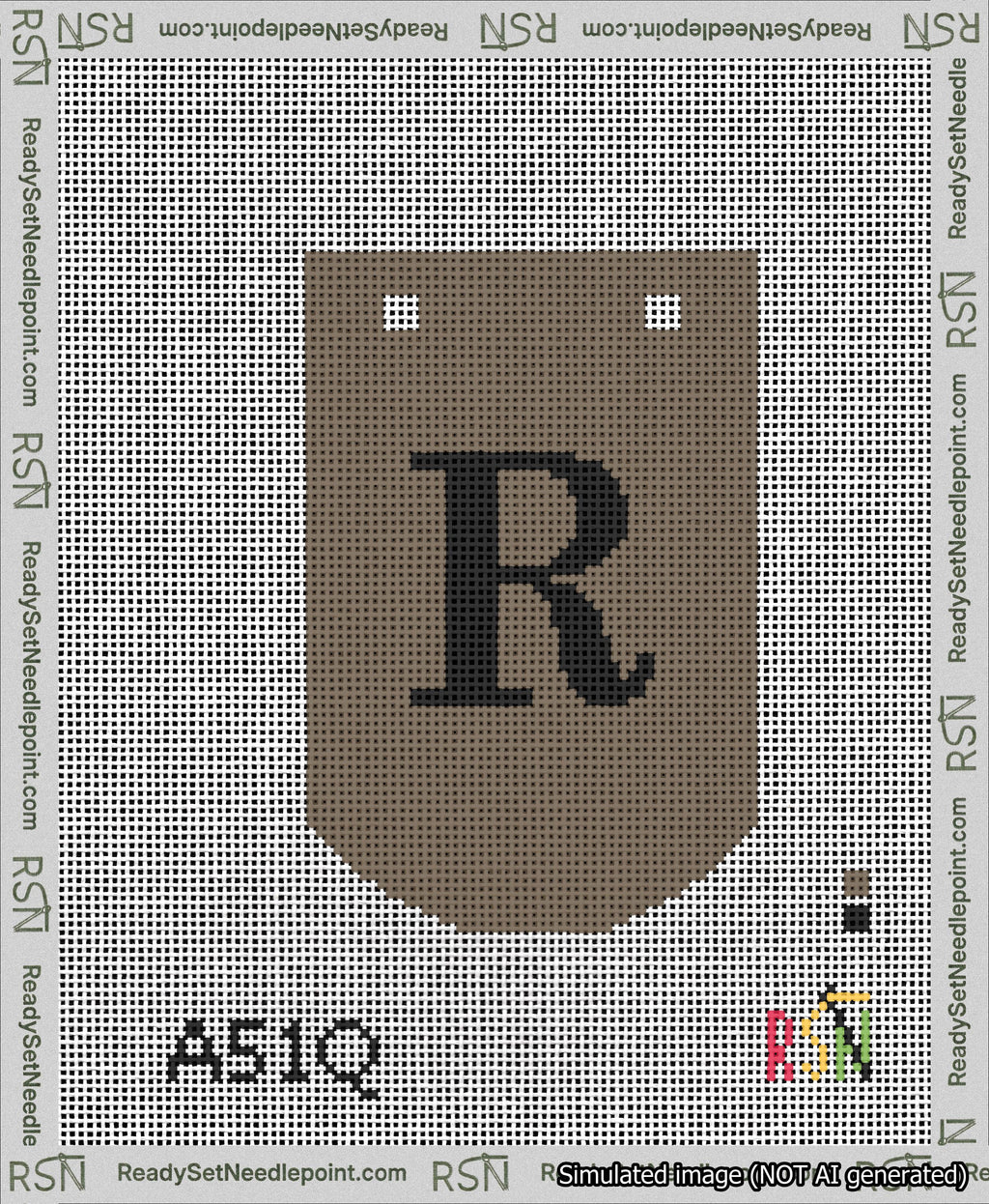 A taped needlepoint canvas with the design: Banner 13 mesh count Curved R Black on Brown.
