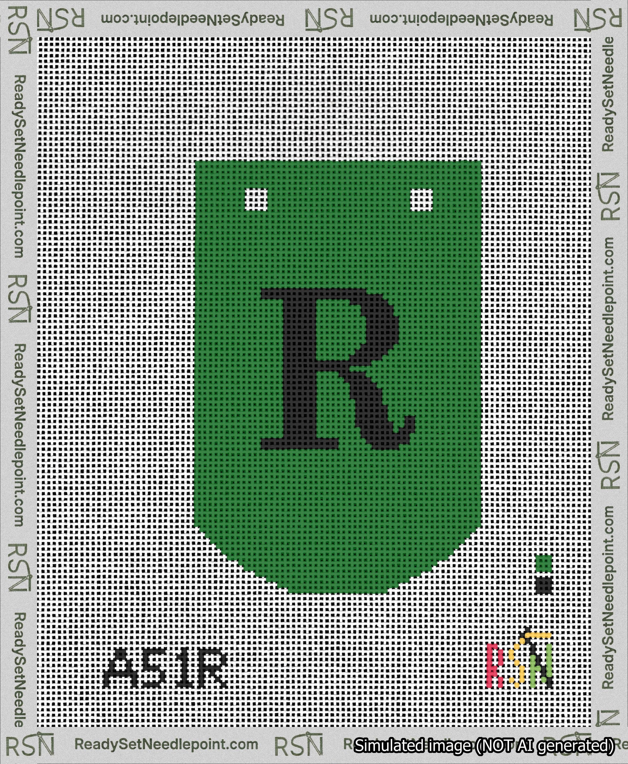 A taped needlepoint canvas with the design: Banner 13 mesh count Curved R Black on Green.