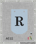 A taped needlepoint canvas with the design: Banner 13 mesh count Curved R Black on Light Blue.