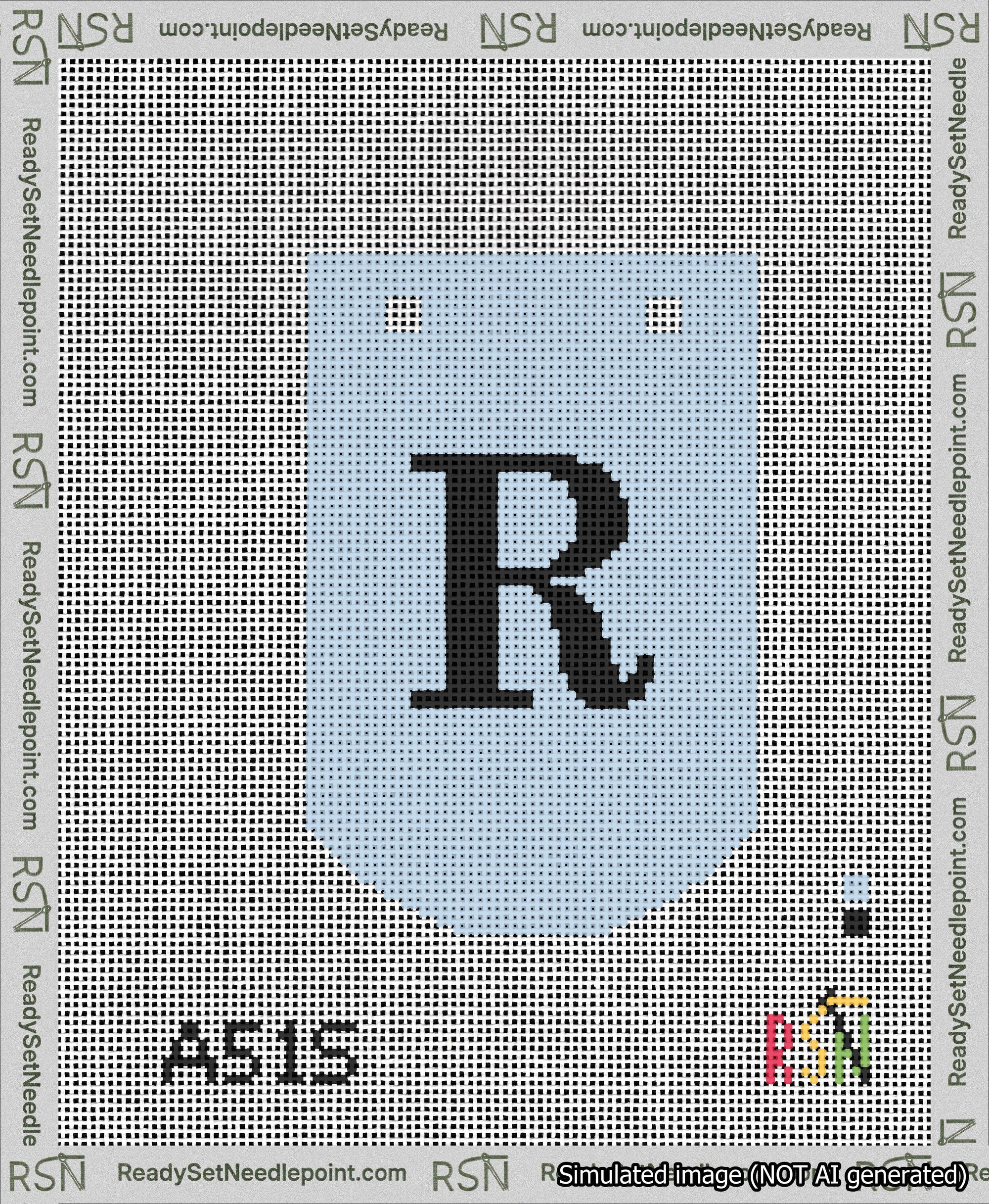 A taped needlepoint canvas with the design: Banner 13 mesh count Curved R Black on Light Blue.