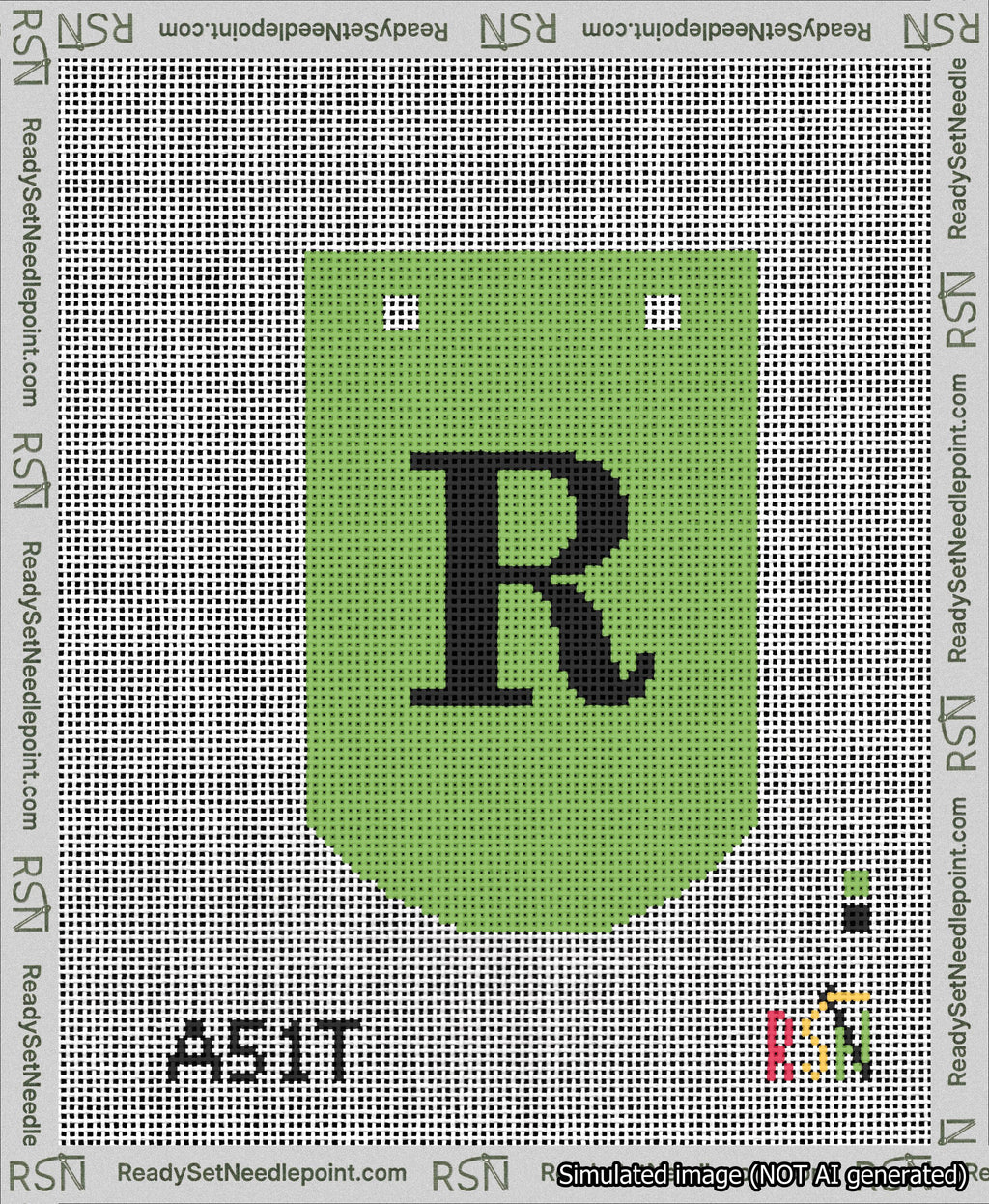 A taped needlepoint canvas with the design: Banner 13 mesh count Curved R Black on Light Green.