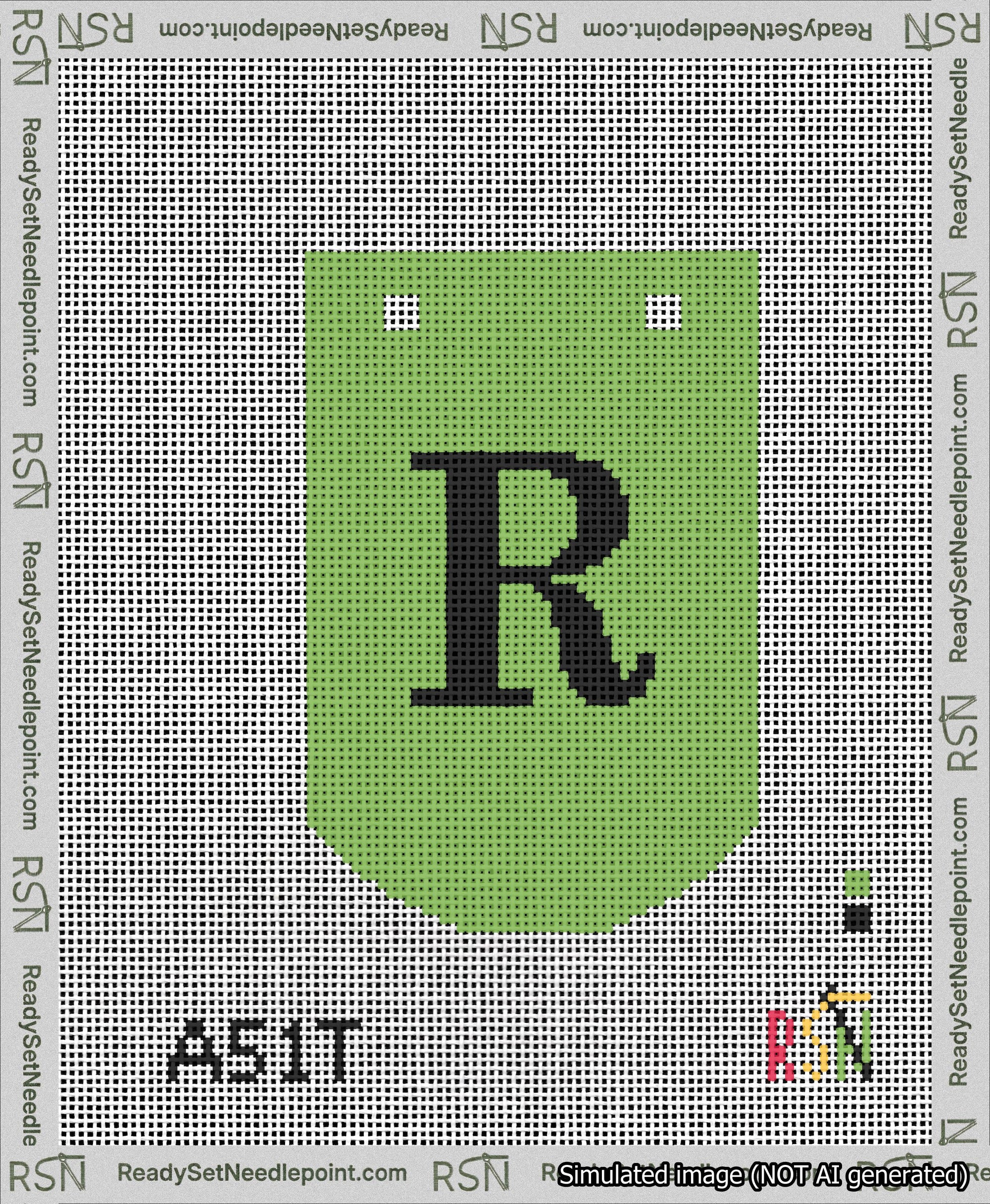 A taped needlepoint canvas with the design: Banner 13 mesh count Curved R Black on Light Green.