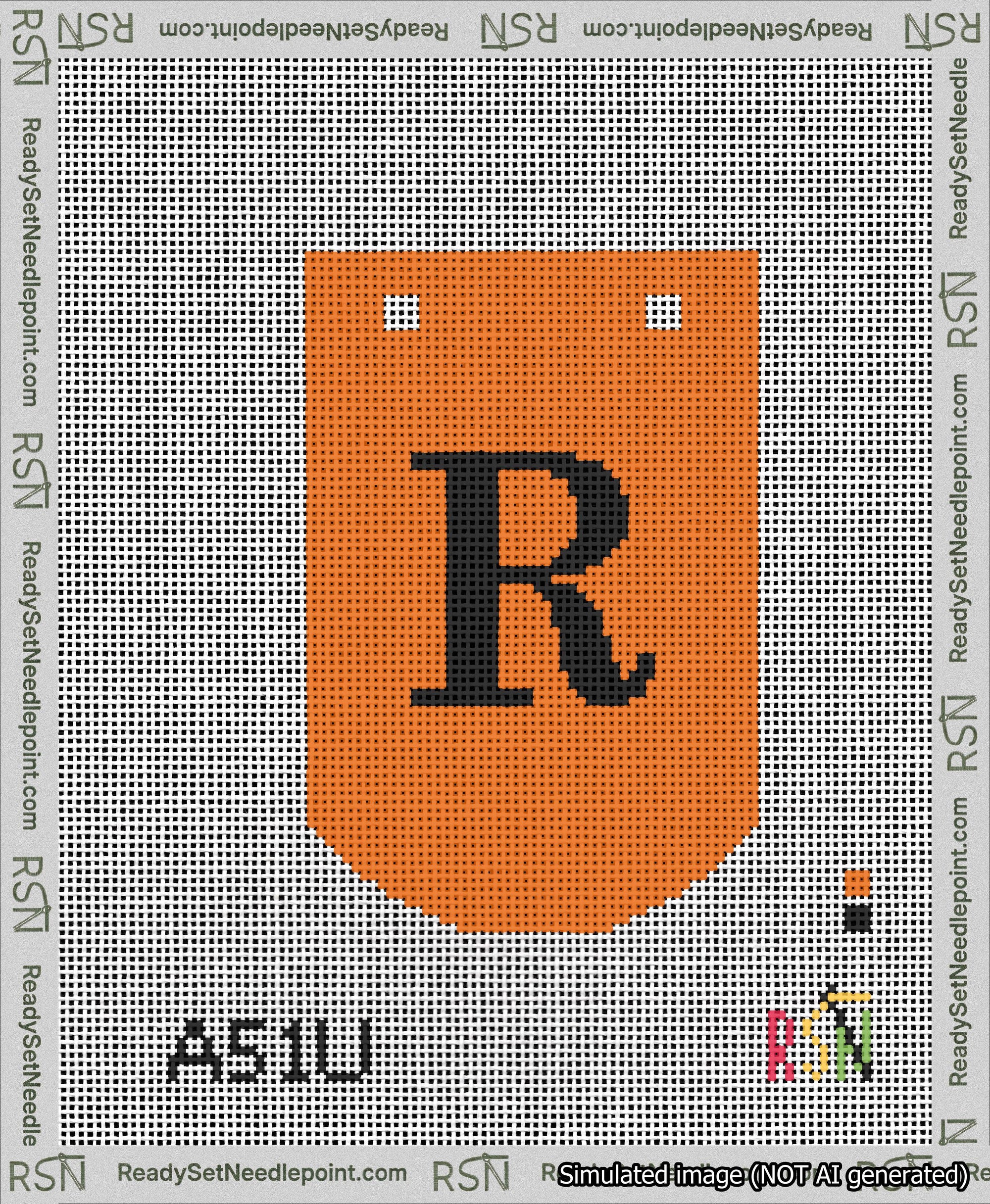 A taped needlepoint canvas with the design: Banner 13 mesh count Curved R Black on Orange.