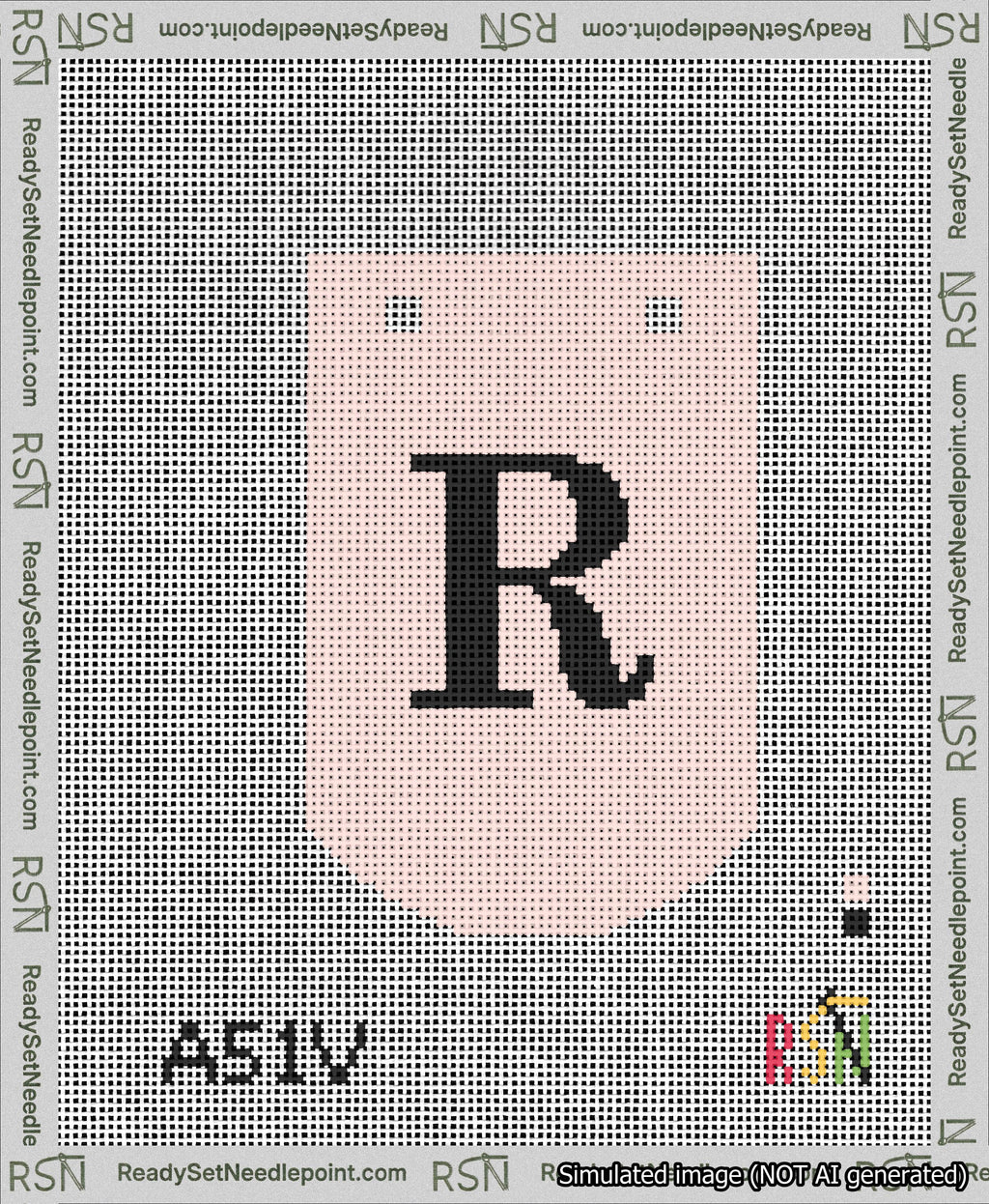 A taped needlepoint canvas with the design: Banner 13 mesh count Curved R Black on Pink.