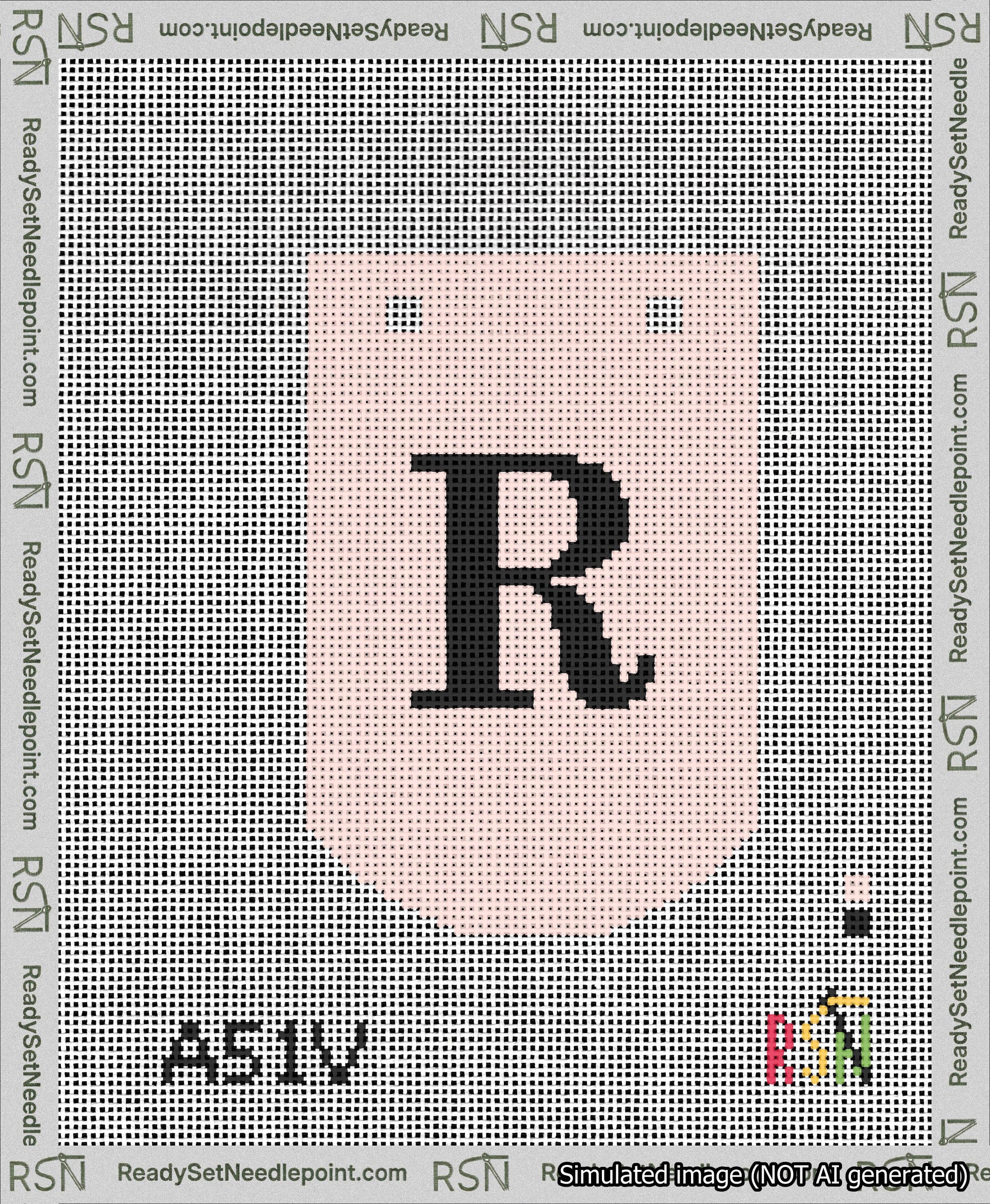 A taped needlepoint canvas with the design: Banner 13 mesh count Curved R Black on Pink.
